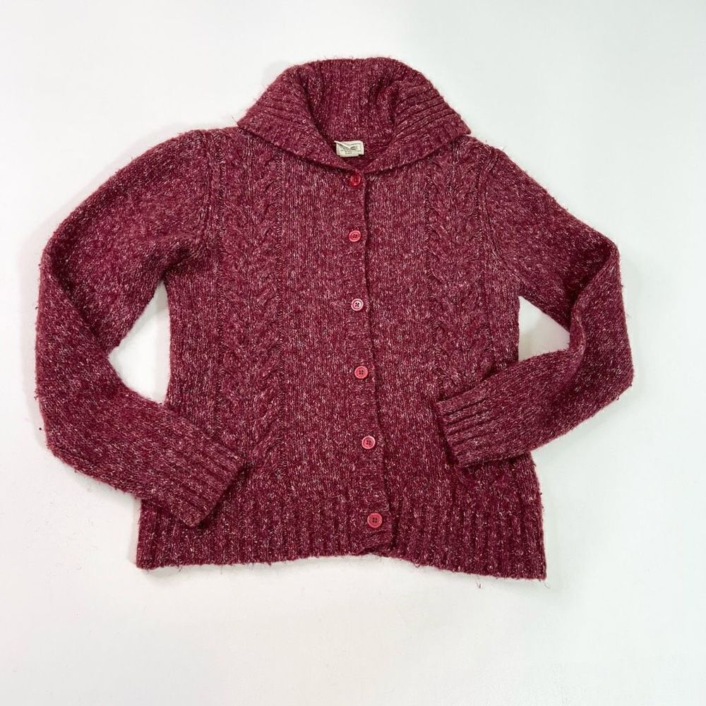 LL Bean Cardigan Sweater Womens Medium Marled Wool Blend Button Up Collar